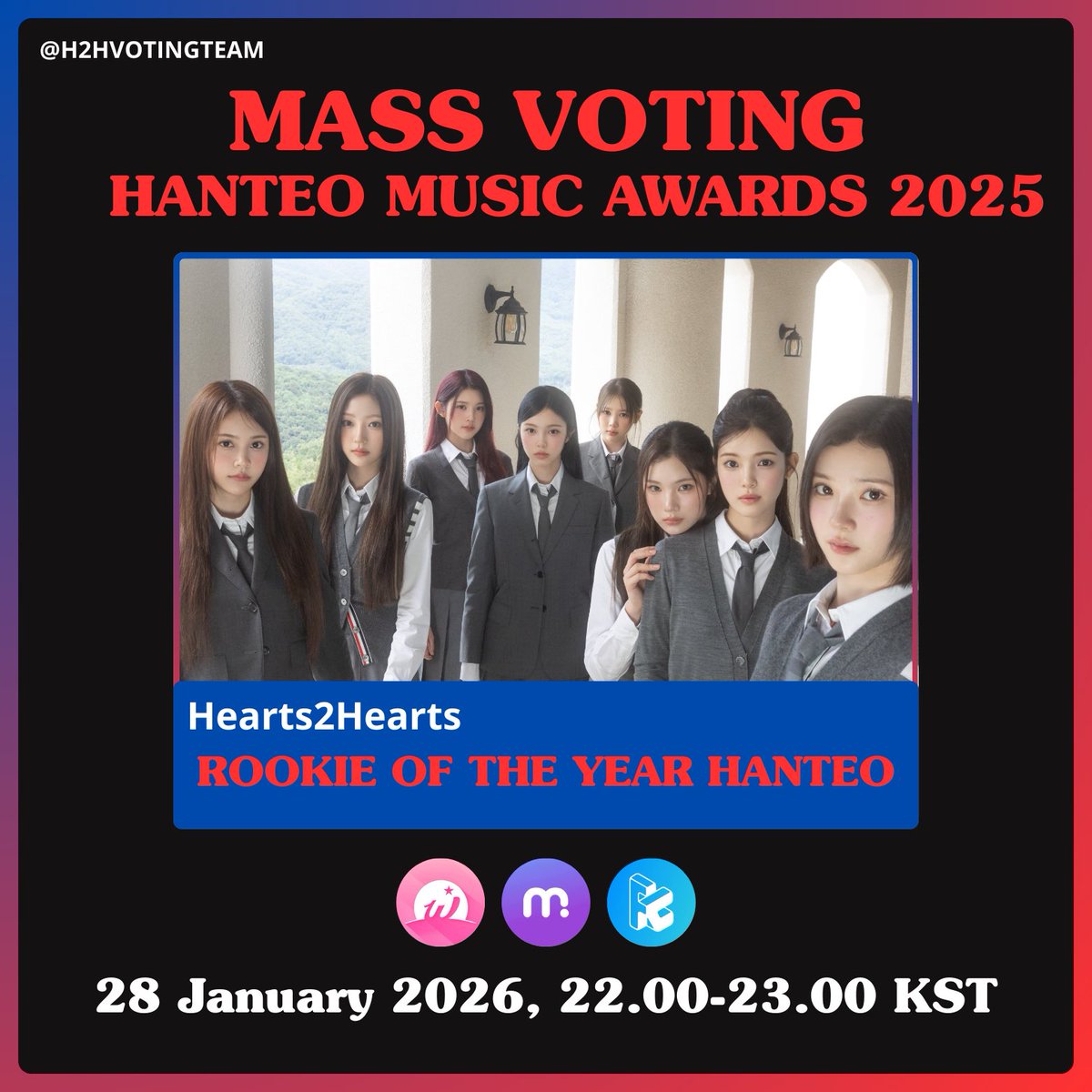 📢 MASS VOTING ANNOUNCEMENT

S2U, let’s do mass voting for HMA 2025. We need to reach first place with a huge gap.

📍 WHOSFAN, MUBEAT, &amp; FANCAST
🗓️ January 28, 22.00-23.00 KST

Save the date and get ready!

#Hearts2Hearts #하츠투하츠 #H2H