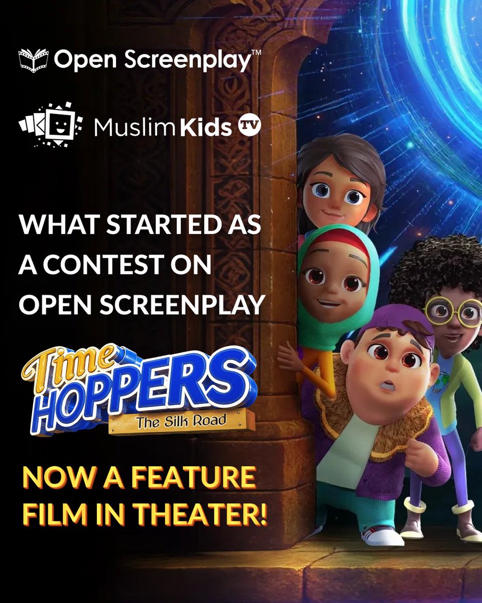 From a #screenwriting contest to the big screen.
#TimeHoppers: The Silk Road — the first #Muslim animated film to screen nationwide in the U.S.
📅 Feb 7–8
 🎬 In theaters nationwide
Congratulations to <a href="/Muslim_KidsTV/">MuslimKidsTV</a> 
Your vision and commitment made history.
#OpenScreenplay