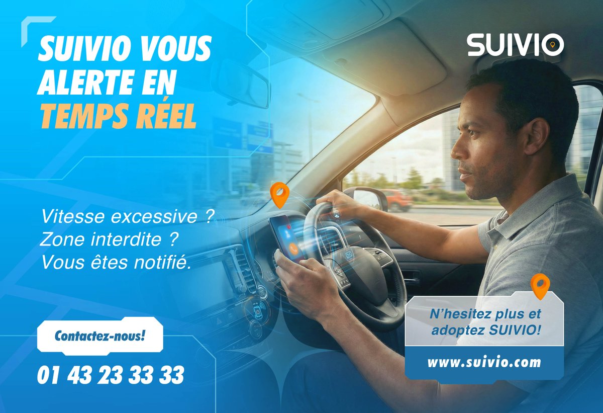 🔵 Vos chauffeurs roulent trop vite ou sortent de leur zone ?

<a href="/_SUIVIO_/">SUIVIO</a>  vous envoie une alerte directe sur votre téléphone dès qu’un seuil est dépassé.
Réagissez vite, évitez les accidents ou les dérives.

#Suivio #M2M #FutureReady #Sécurité #SIM #Telematix #Tracking