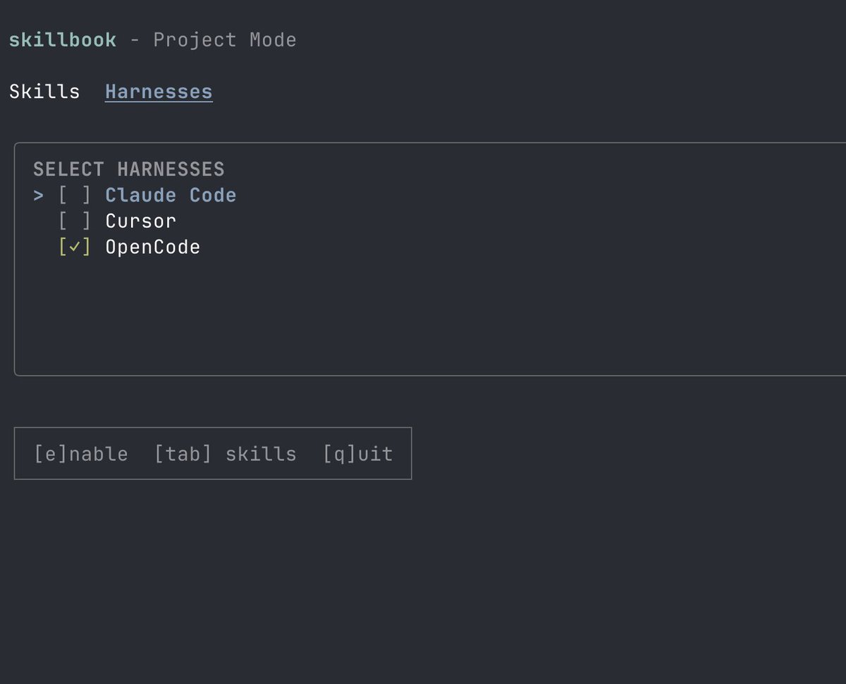 kurochenko's tweet photo. Shipped something I desperately needed: Skillbook - a CLI to manage AI coding assistant skills across projects and harnesses (Claude Code / Cursor / OpenCode).

problem: skills drift. You improve a prompt in Project A → Projects B/C never get it.

Skillbook gives you a single skill library and syncs locally across your repos.

See below in screenshot, two projects use same skills from shared library 

https://t.co/Jnq83wAkt1
(Feedback greatly appreciated)