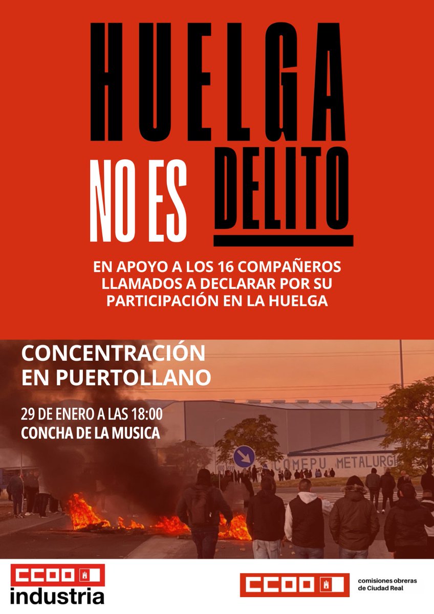 Cuando la clase obrera se organiza para defender sus derechos básicos, las instituciones se quitan la máscara: represión policial y criminalización de la huelga al servicio de la patronal.

¡La huelga es un derecho fundamental, no un delito! ✊

29 Enero - 18:00
Puertollano.
