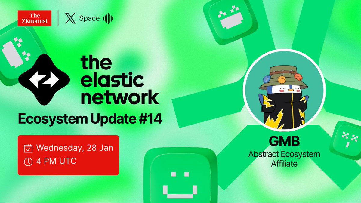 🎙️ Elastic Network Ecosystem Update #14

This week, we will be chatting with <a href="/GMB_AOB/">GMB</a>, <a href="/AbstractChain/">Abstract</a> Ecosystem Affiliate, talking about how to become a huge streamer on Abstract. Hop in!

🗓️ January 28, 4:00 PM UTC
🎙️ <a href="/TheZKnomist/">The ZKnomist</a>

🔔 Set a reminder: x.com/i/spaces/1mnGe…