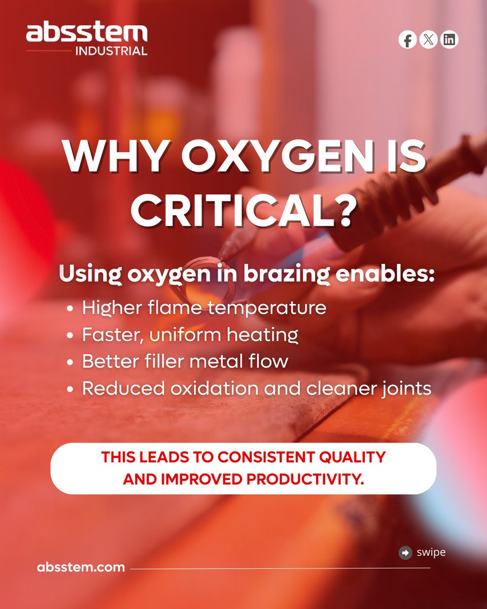 absstem's tweet photo. #Absstem #onsiteoxygengeneration ensures higher flame efficiency, stronger joints, faster cycles, &amp; reliable brazing performance—every time.

👉 Discover the smarter oxygen solution
https://t.co/4CfLQB4sK6

#OxygenGas #BrazingProcess #IndustrialOxygen #OnsiteOxygen #PSAGenerators https://t.co/oFkcLAJE1O