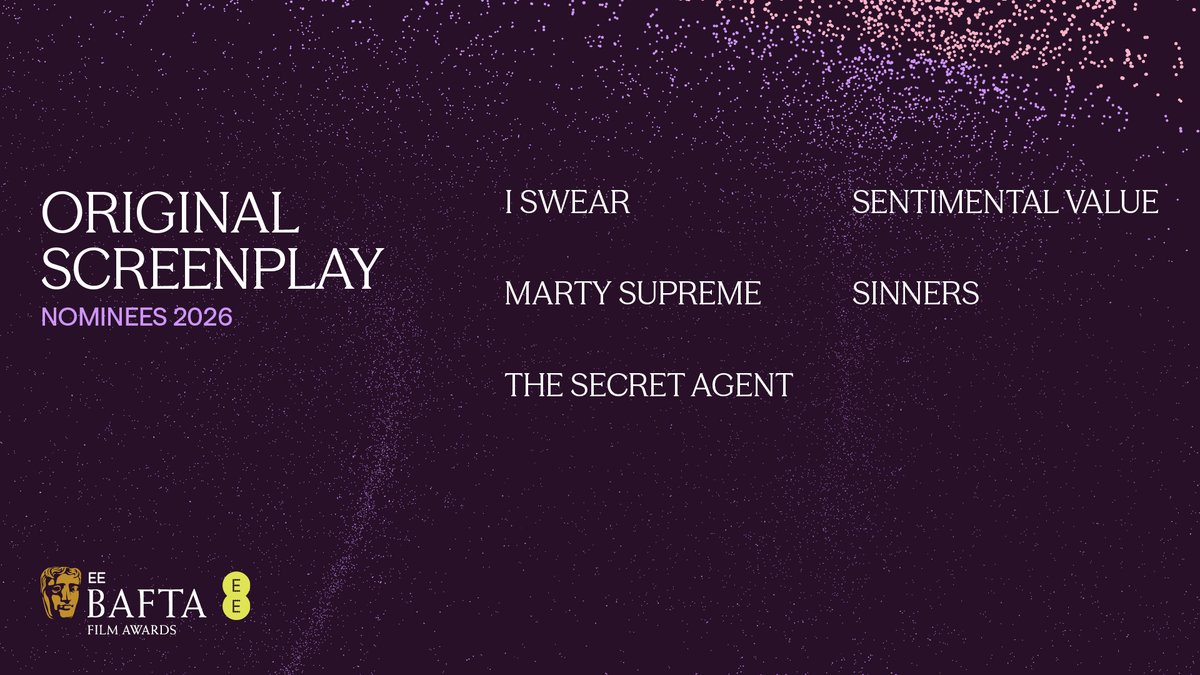 BAFTA's tweet image. And the Original Screenplay nominees are…

I SWEAR
MARTY SUPREME
THE SECRET AGENT
SENTIMENTAL VALUE
SINNERS

#EEBAFTAs
