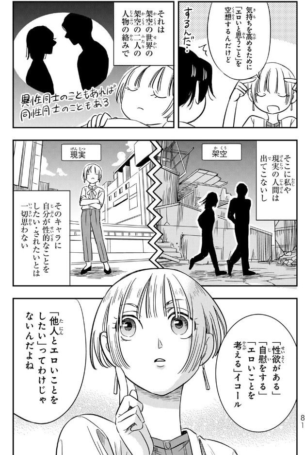 とある本に「他者に性的に惹かれないけど、性的な創作物を楽しんでいる」方の話が載ってまして、「アクション映画と同じ」といってました。人によってはホラー映画になるのかな…？
画像は『人としてつき合えたら』の一ページです。自分はこの↓感覚です。