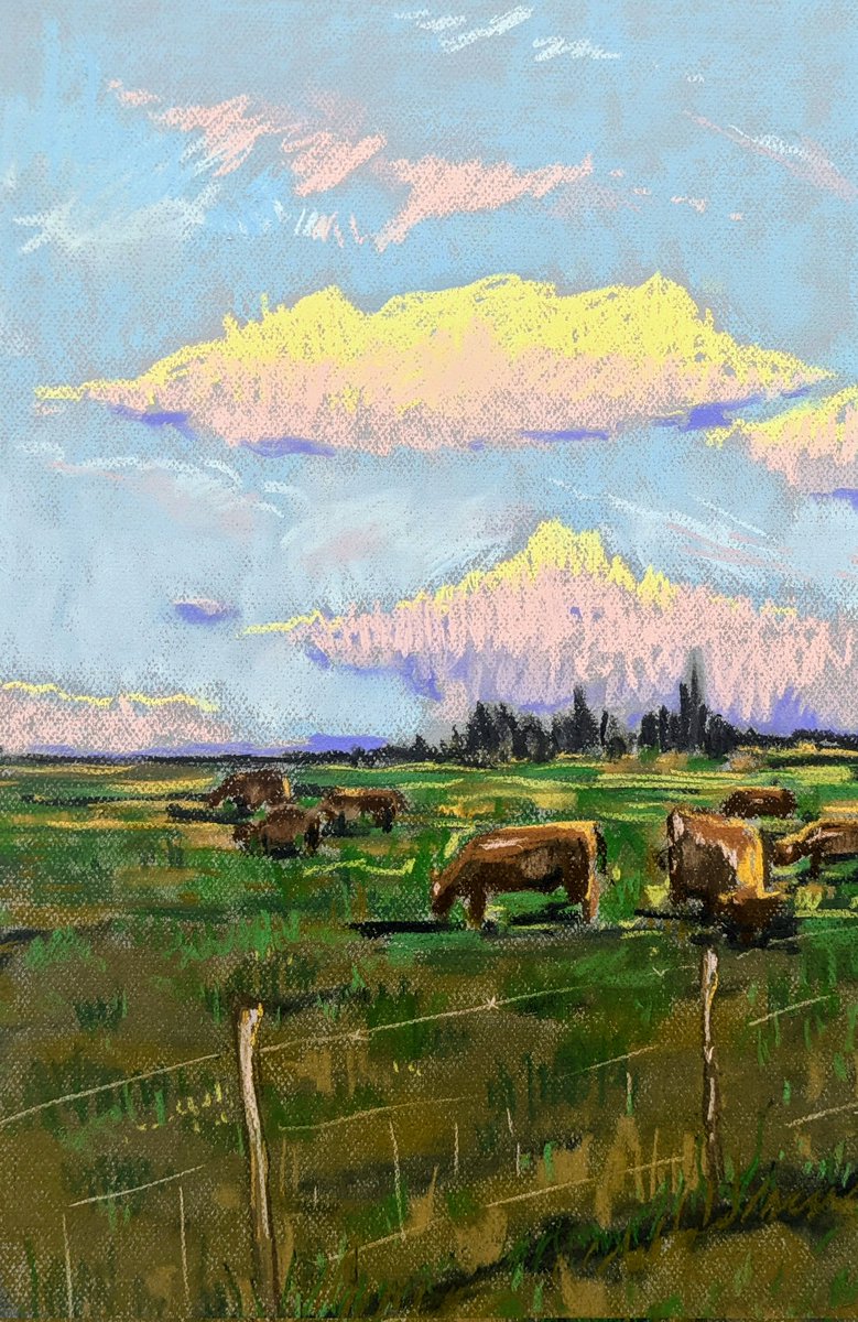 Winter landscape with cows, pastel.

Ready for purchase.