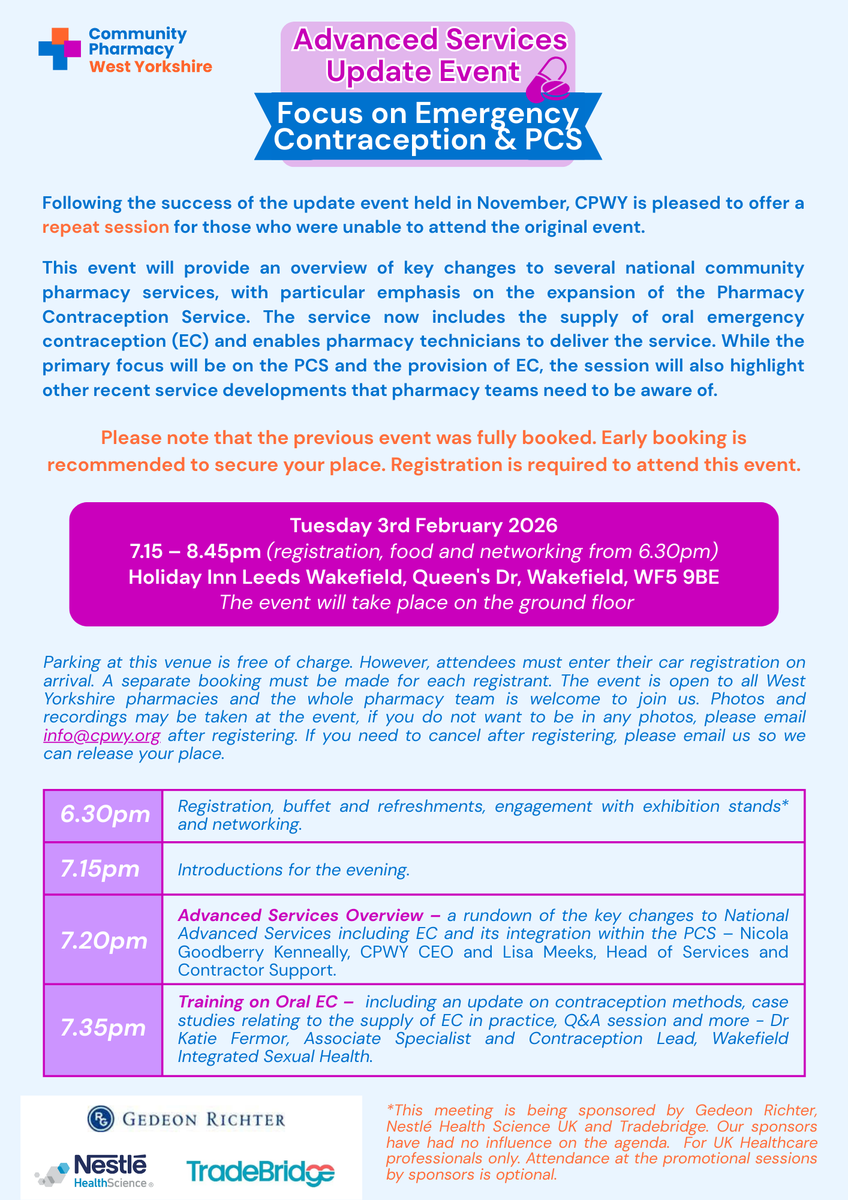 CPWYinfo's tweet photo. Want to hear first-hand about the Advanced Services changes including a session on the expansion of the Pharmacy Contraception Service? 💊

Book onto our event next week in Wakefield! 📍🗓️

🔗 https://t.co/gRMiZh6oDz

*Open to pharmacy teams working within West Yorkshire* https://t.co/1hUv5yJ61H