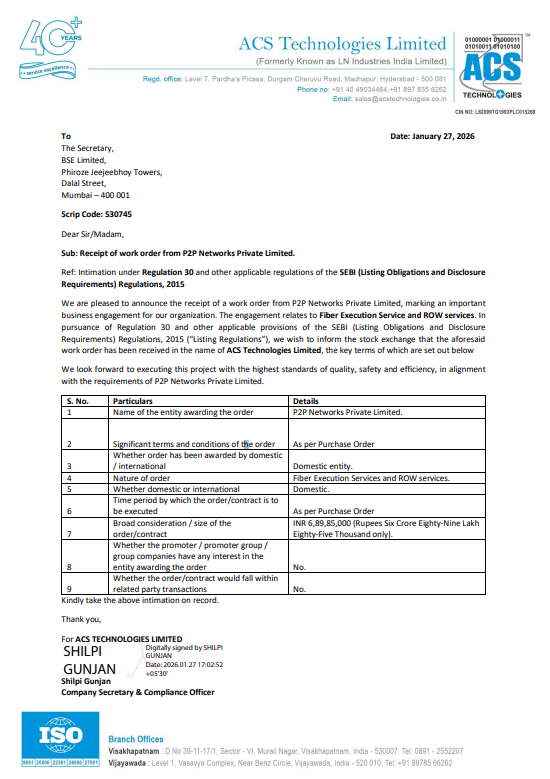 alkeshthakkar's tweet photo. DATED : 28/01/2026
#ACSTECH - 40.06
Receipt of work order from P2P Networks Private Limited. order of INR 6,89,85,000 (Rupees Six Crore Eighty-Nine Lakh Eighty-Five Thousand only). https://t.co/BMWRudLFQv