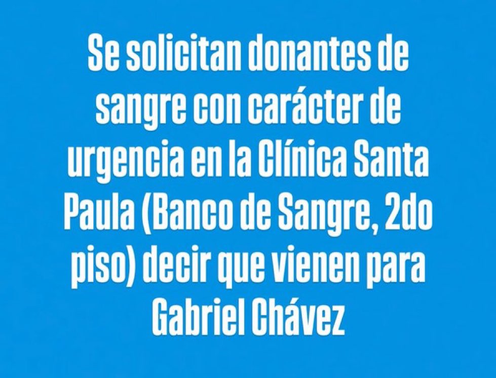 📣 Urgente — Se necesitan donantes de sangre en Caracas

Nuestro amigo <a href="/GaboChavez/">Gabo Chávez</a> está en necesidad urgente de donantes de sangre en Clínica Santa Paula (Caracas, Venezuela).