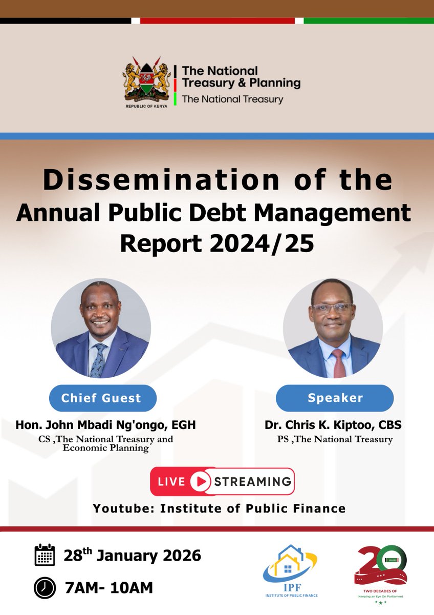🚨 Event Alert!

📌 The Public Debt Management Office (PDMO) at The National Treasury is disseminating the 2024/2025 Annual Public Debt Management Report.

📺 You can follow this event live on our YouTube channel