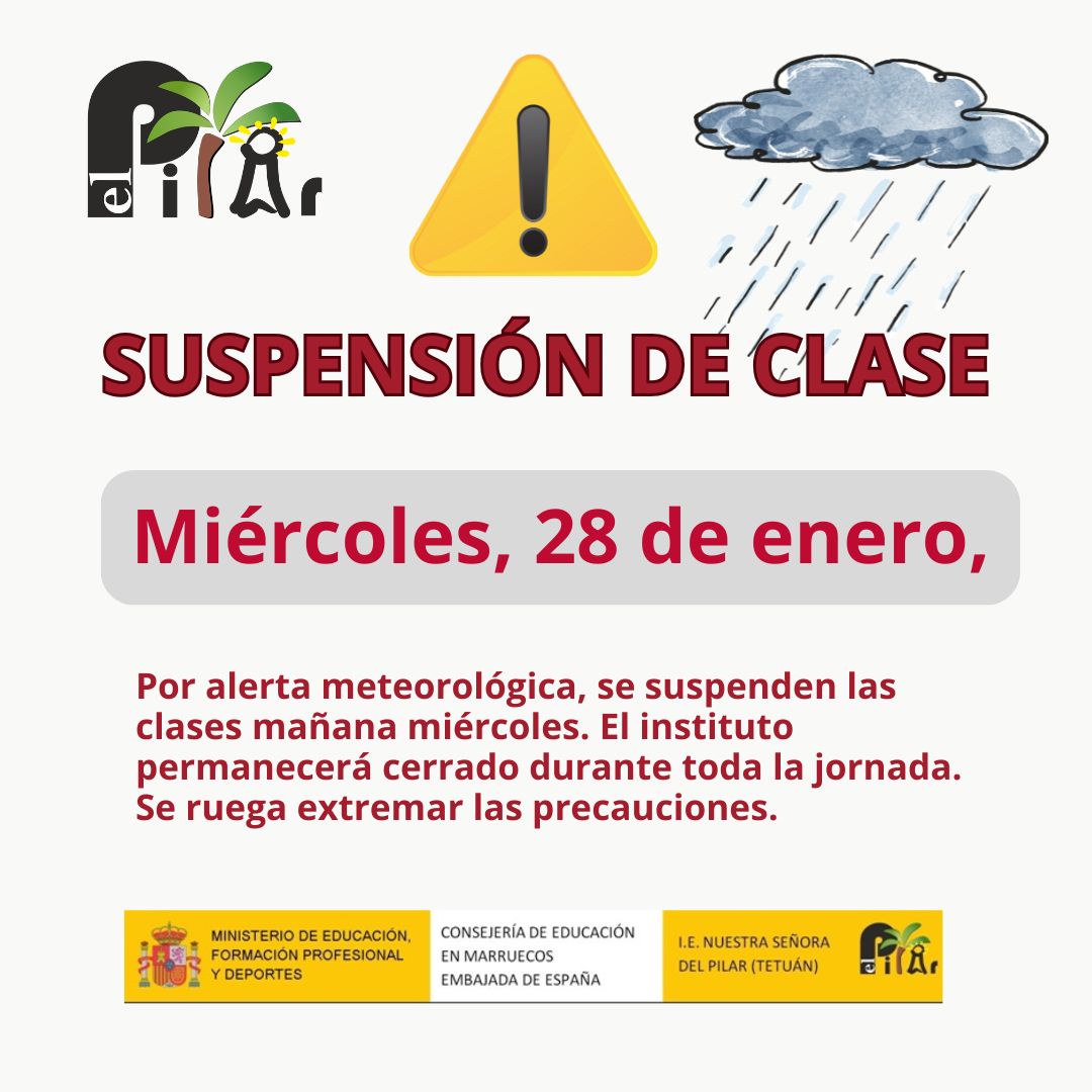 Debido a la alerta metereológica, siguiendo las indicaciones  de la Consejería de Educación, mañana miércoles 28 se suspenden las clases. La actividad lectiva se reanudará el jueves 29, salvo nueva comunicación.
#consejeriaeduc1 #accióneducativaexterior