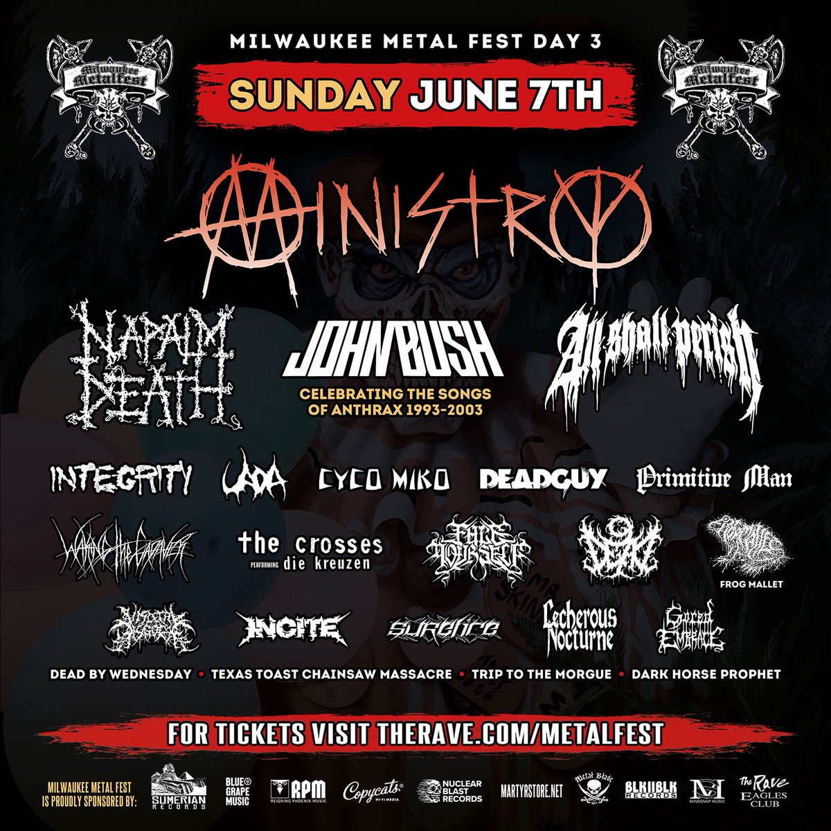 goredembracedm's tweet photo. The complete MMF Day 3 line up for Sunday June 7th is in! Please welcome NAPALM DEATH, PRIMITIVE MAN & FACE YOURSELF. They join us, MINISTRY, JOHN BUSH PERFORMING HIS ANTHRAX ERA, ALL SHALL PERISH, INTEGRITY, UADA, DEADGUY, WAKING THE CADAVER and many more! Remember you get into the Thursday June 4th pre-party FREE when you buy a 3 day pass to MILWAUKEE METAL FEST. Come see Acid Bath, Killswitch Engage, Suicidal Tendencies, Obituary, Agalloch & others for the BEST WEEKEND EVER June 4th - 7th. Tix —> https://t.co/2e94KkHv7n