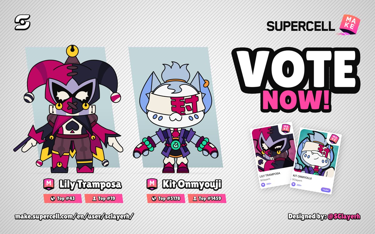 SClayerh's tweet photo. 🌟 My skins for #SupercellMAKE 🌟
🗳️ Voting is STILL ONGOING!
If you like them, you can support them here: 👇
•
1️⃣ https://t.co/MIFDI8252o
2️⃣ https://t.co/dv07hQi6LY
•
(I'm really happy to see my Lily in the TOP for the first time… 🥹) #BrawlStars https://t.co/0Tpy0KgmpD