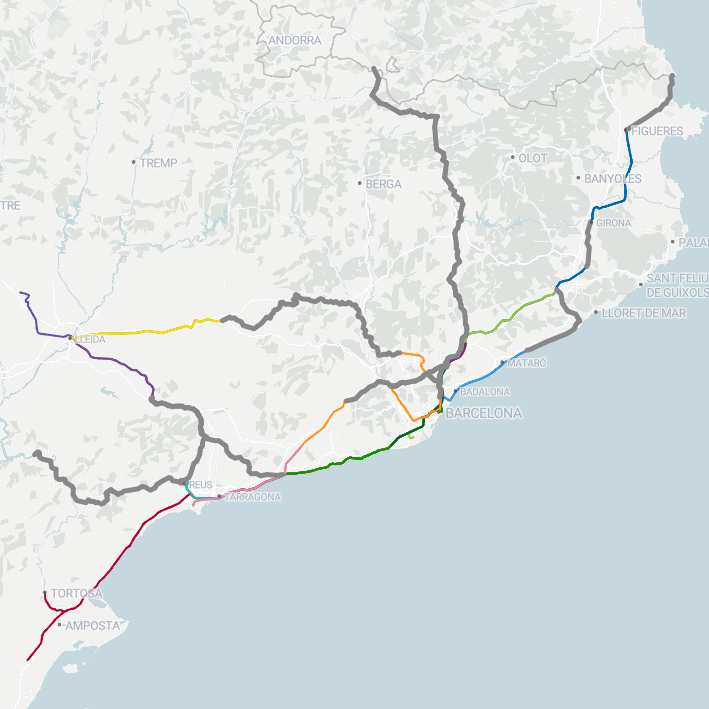 Aquest mapa de @vilaweb, em sembla la millor representació de la magnitud de la tragèdia ferroviària que patim. Els trams en gris són els que cal fer en autobus perquè els trens no hi poden circular amb garanties. Europa, segle XXI.