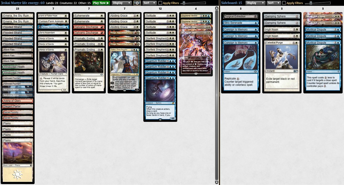 Para los haters que decían que la Martyr life ahora solo tenia 1 Martyr of sands, aquí tenéis mi lista Jeskai Martyr con 3 Martyr of sands y 1 Serra Ascendant, como en los viejos tiempos🔥