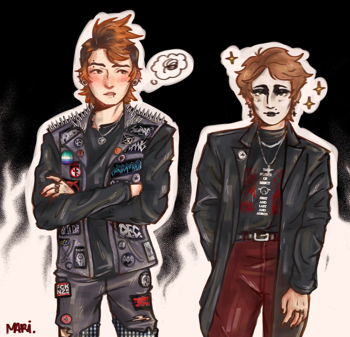 xmaris2x's tweet image. Punk! Mike and Goth! Will (1/2)🖤

i love them so much omgg
this artwork has references to real Brazilian bands that i love too 🥹 
#byler #bylerfanart #punkgoth