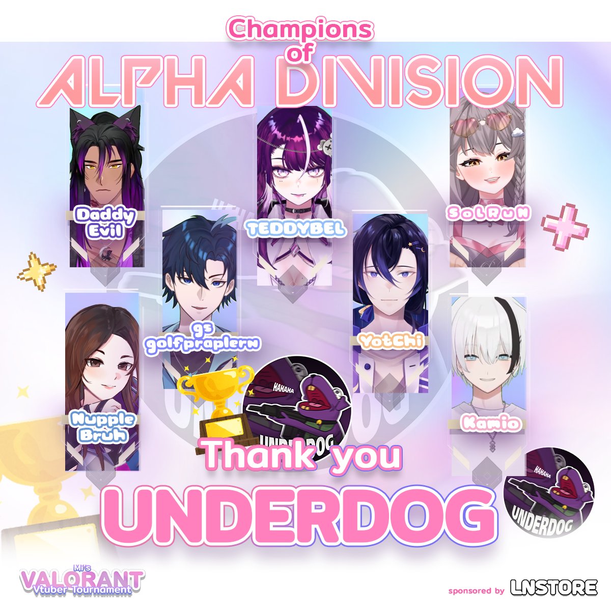 ✨Mi's Valorant Vtuber Tournament (MVVT)🦝

         ˚ʚ Champions ɞ˚
                      of
✨ALPHA DIVISION🌏
    🐶UNDERDOG💜

ขอขอบคุณที่มาร่วมสร้างความสนุกกันตลอดการแข่งกันนะคับ✨
────˚ʚ 🦝 ɞ˚──── 
 #VALORANT #VtuberTH #MVVT