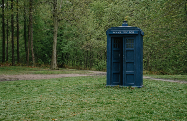 The Tardis on location in Black Park, Buckinghamshire UK 1981 for 5th Doctor Era Story: "The Visitation".