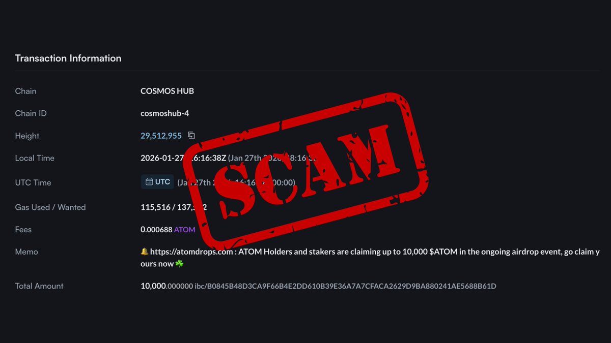 ⚠️ Heads up Cosmos fam ⚠️

If you see random IBC transfers with memos like
“claim up to 10,000 ATOM”, “airdrop”, or links in the tx memo! 

🚨it’s a scam.🚨

>Nothing legit is claimed via transaction memos.
>No real airdrop asks you to click links from your wallet history.
>This