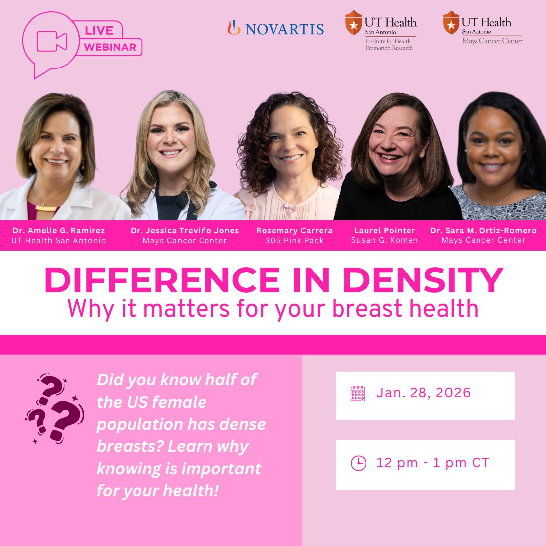 SaludAmerica's tweet image. Our webinar on breast density and breast cancer is tomorrow at 12 p.m. CT! You won't want to miss panelists from @mayscancer @SusanGKomen and @UTHealthSA discuss breast density and what it means for your #breastcancer risk! @NovartisUS 

REGISTER NOW: bit.ly/densitymatters