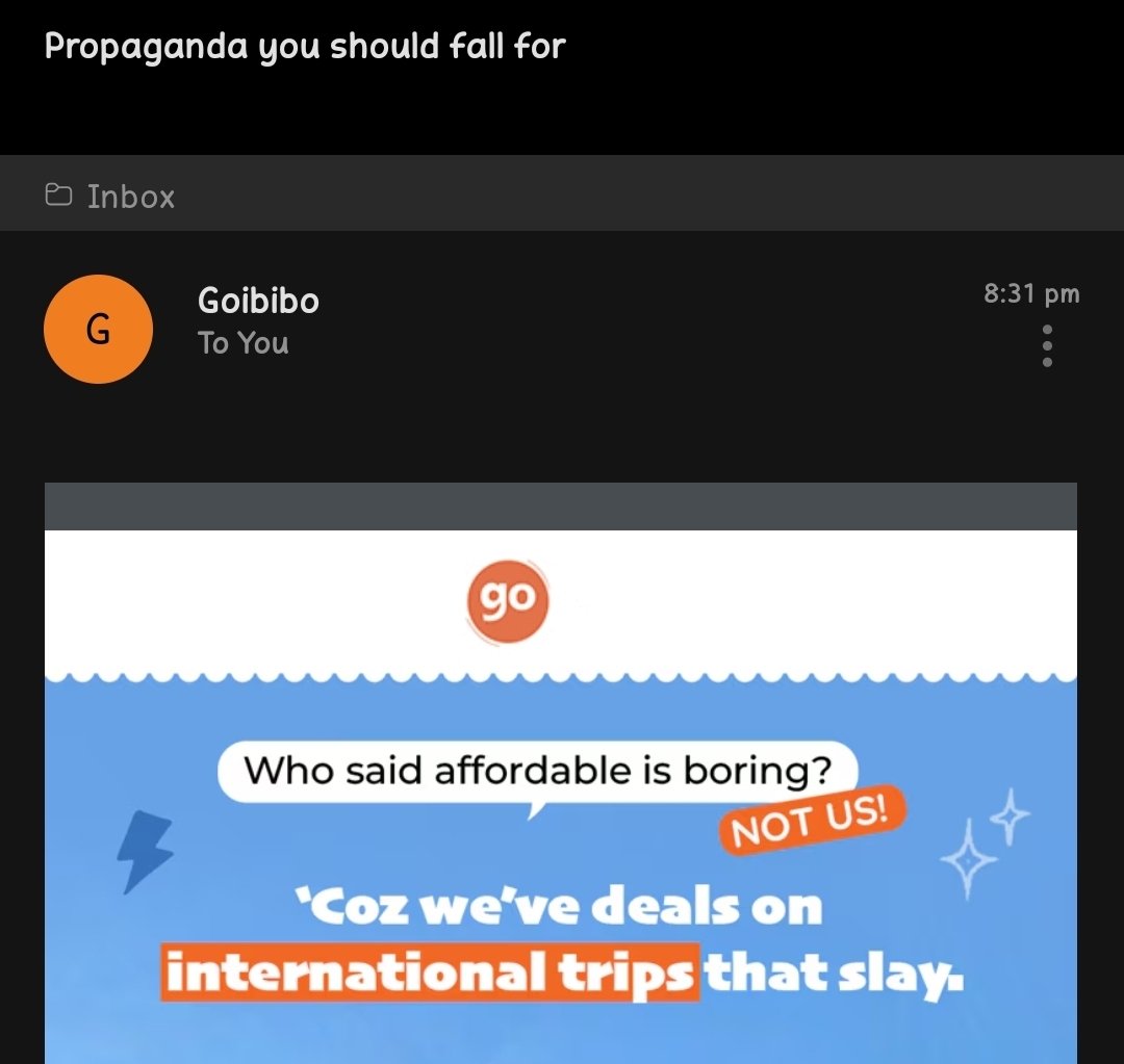 OyeAditya's tweet photo. @GoibiboSupport
Which propaganda have I fallen for before? The subject of the email is trash 🚮
@goibibo Don't you think you should keep politics out of your spam mails?

Sir @SanjayBhasin5 can we please focus on building better brand than another digital political party? https://t.co/2zDReszeTk
