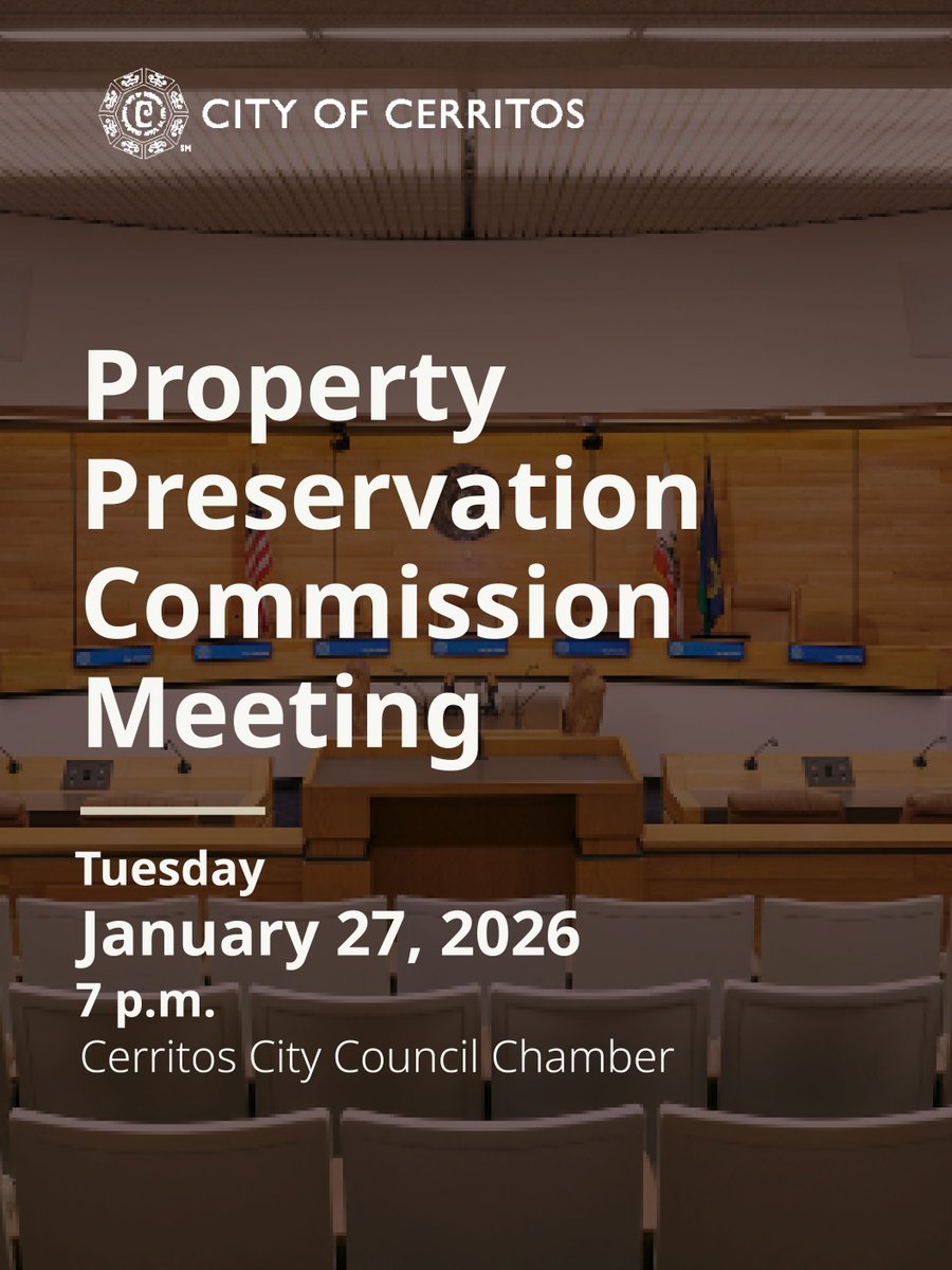 Join the City of Cerritos at the Property Preservation Commission Meeting tonight at 7 p.m. in the Cerritos City Council Chamber.

Read the Agenda here: cerritos.granicus.com/GeneratedAgend…

Watch live on the City's YouTube channel at youtube.com/CityofCerritos.