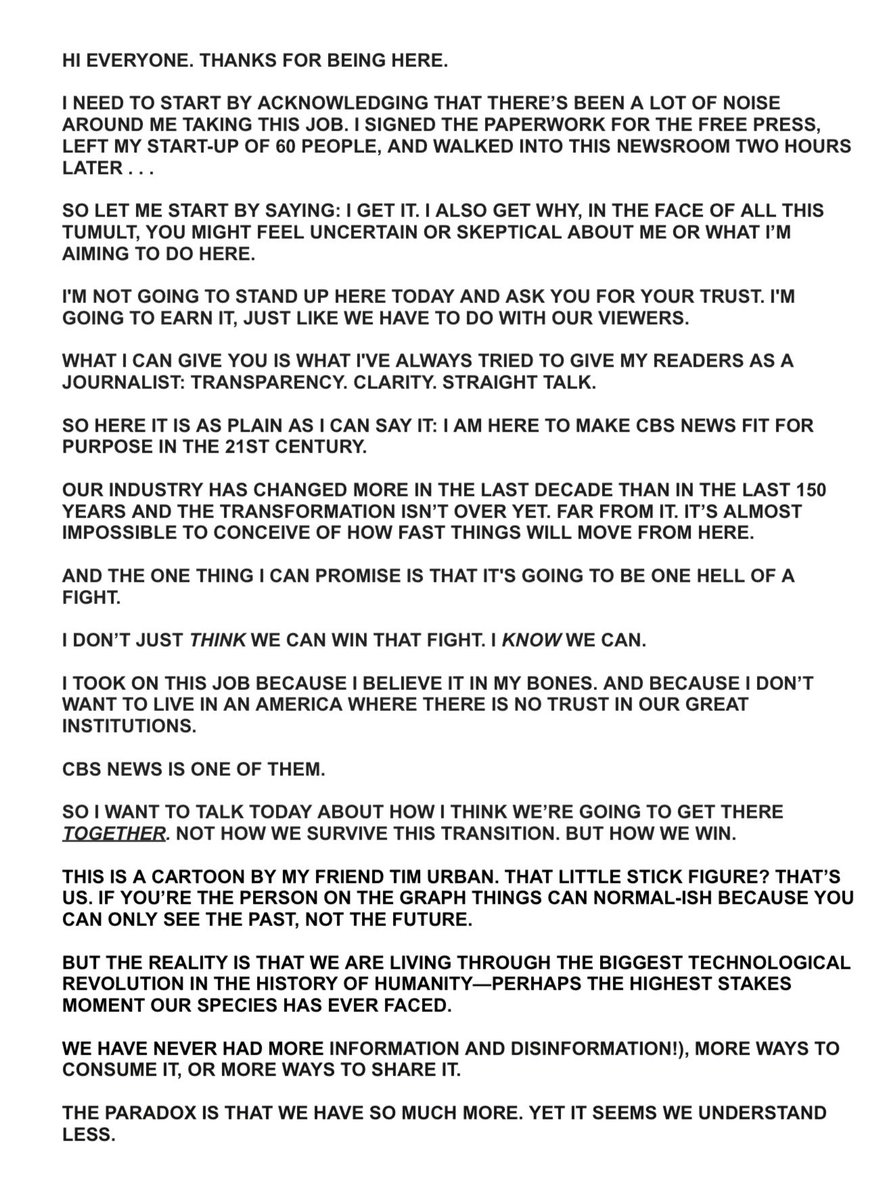 brianstelter's tweet image. Here, in three posts, are the written remarks by Bari Weiss at today's CBS News town hall meeting. Part one of three: