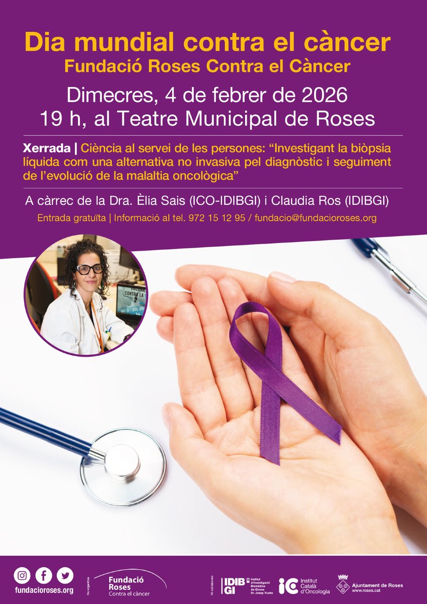 💜 Coincidint amb el Dia Mundial contra el Càncer a Roses el proper dimecres 4 de febrer, t’esperem al Teatre Municipal de Roses per una xerrada divulgativa que posa la ciència al servei de les persones.

🕖 19 h
🎟️ Entrada gratuïta
#aRoses