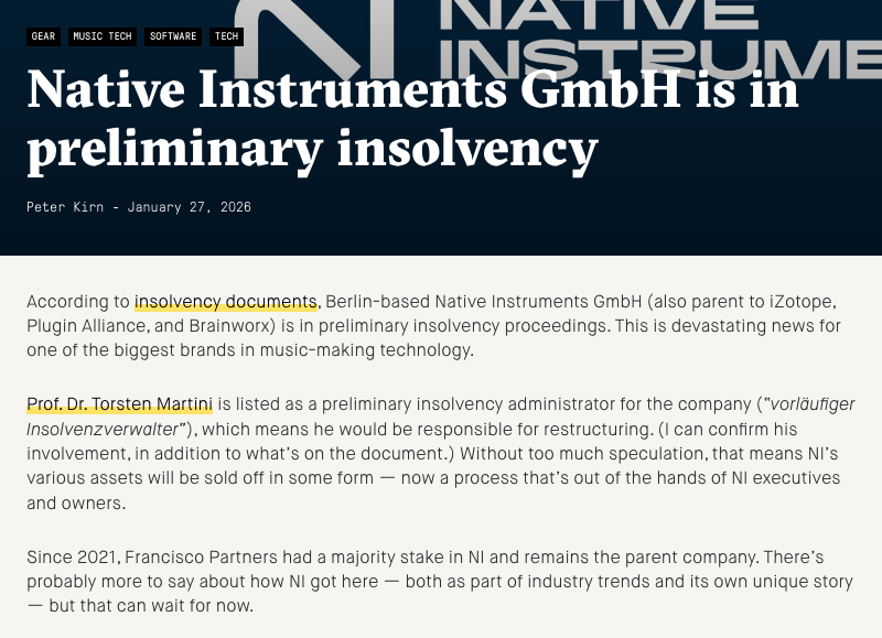 ui_nyan's tweet image. NI破産マジで！？？！？？！？！？？！？！？！

”Native Instruments GmbHは破産手続き中

破産手続き書類によると、ベルリンに拠点を置くNative Instruments GmbH（iZotope、Plugin…