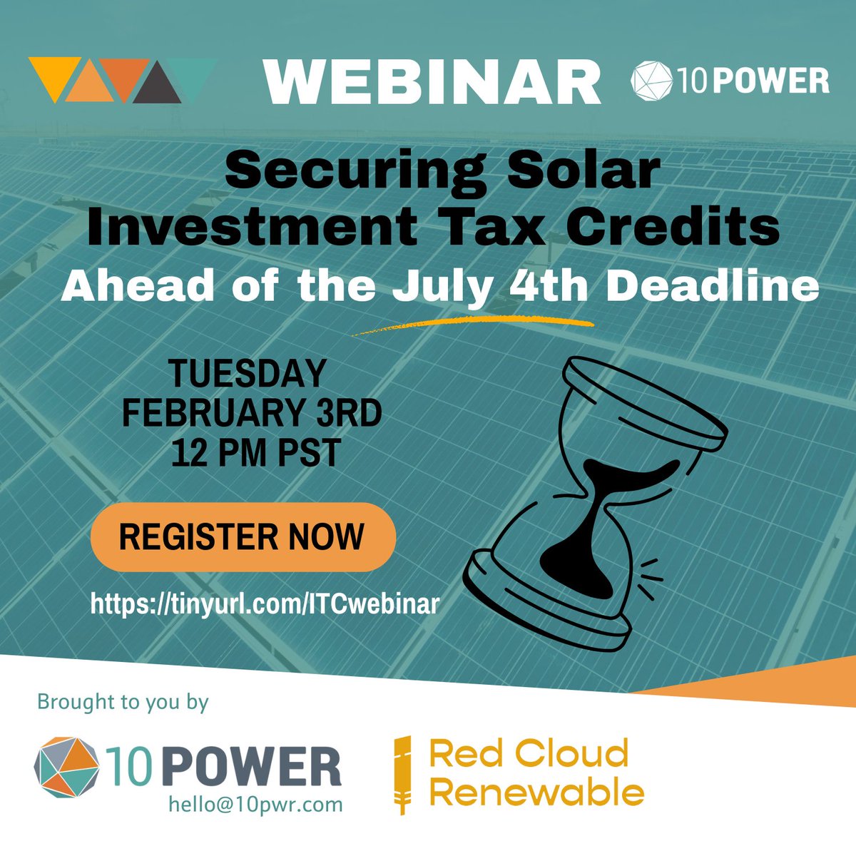 Direct pay rebates (30-50% of costs) for renewable energy projects are ending
Safe-harbor your project before July 4, 2026 → Get 4 years to complete &amp; still qualify
Join our 10Power webinar 
Date: Tuesday February 3rd 2026 at 12 PM PST
Register: lnkd.in/ddscpEmd
#10Power