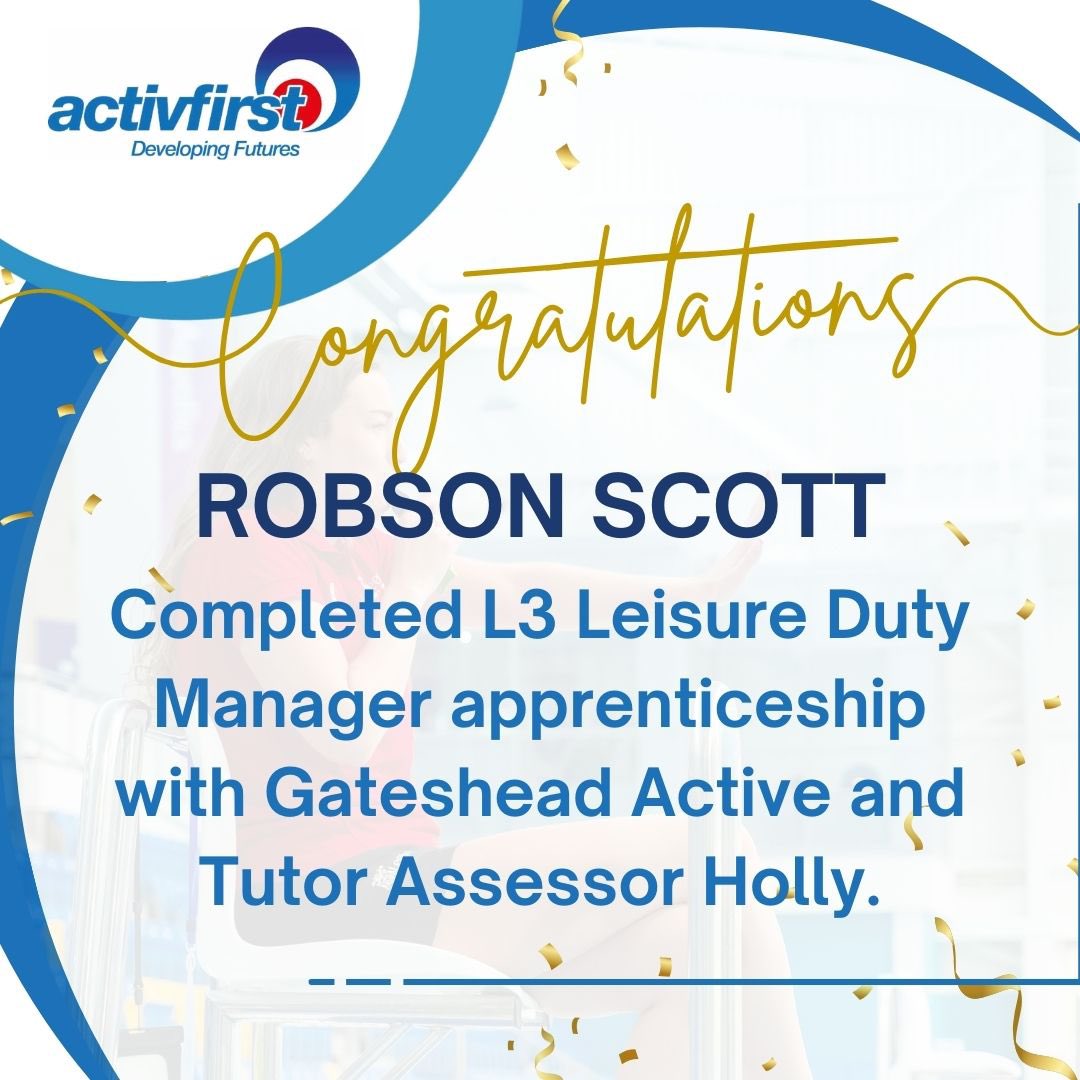 Congratulations, Robson Scott! 

A huge congratulations to Robson Scott from Gateshead Active on successfully completing his Level 3 Leisure Duty Manager Apprenticeship. 

Well done, Robson — a fantastic achievement and the next step in your career!

#activfirst #apprenticeship