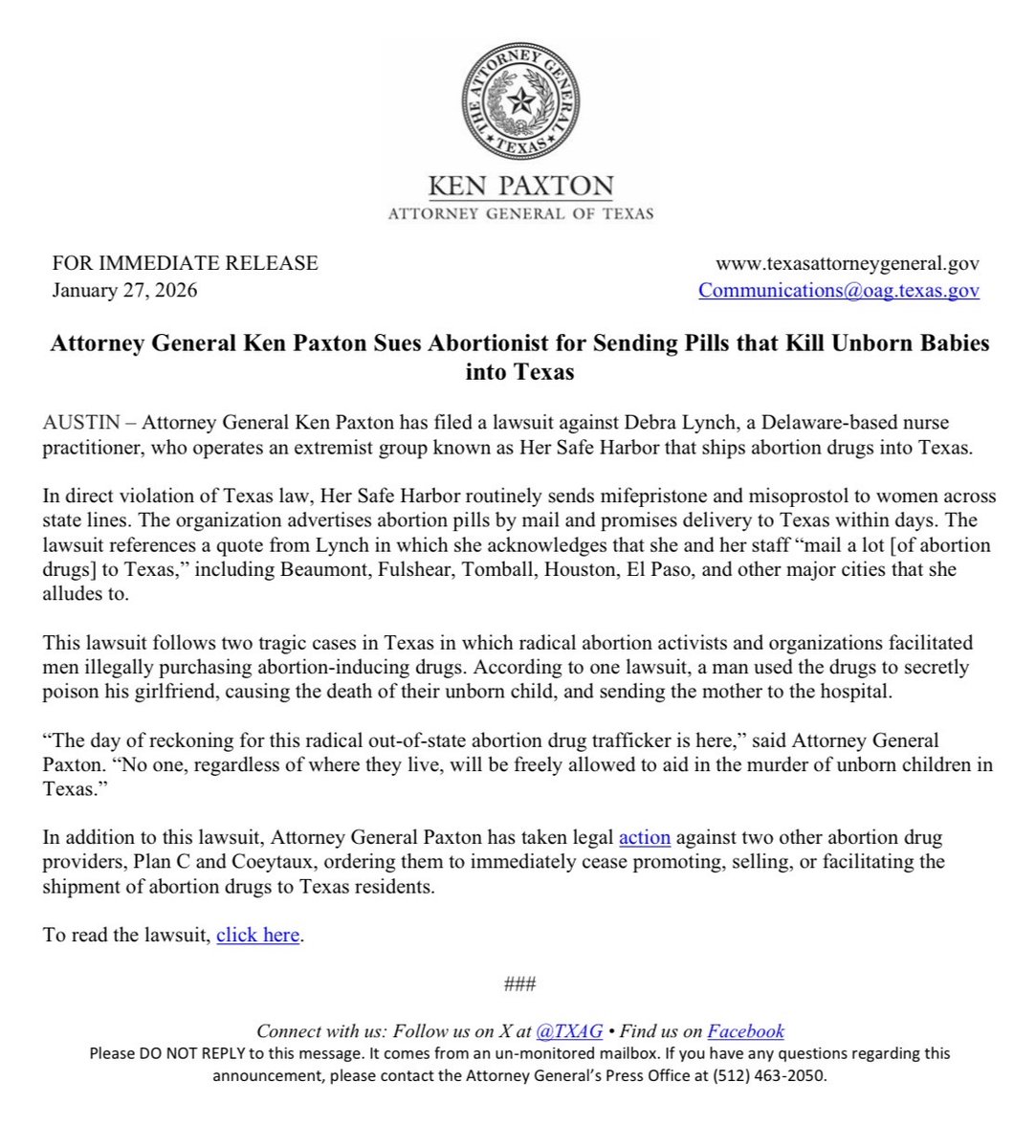 BREAKING: I'm suing an abortionist for sending pills that kill unborn babies into Texas.

The day of reckoning for this radical out-of-state abortion drug trafficker is here.