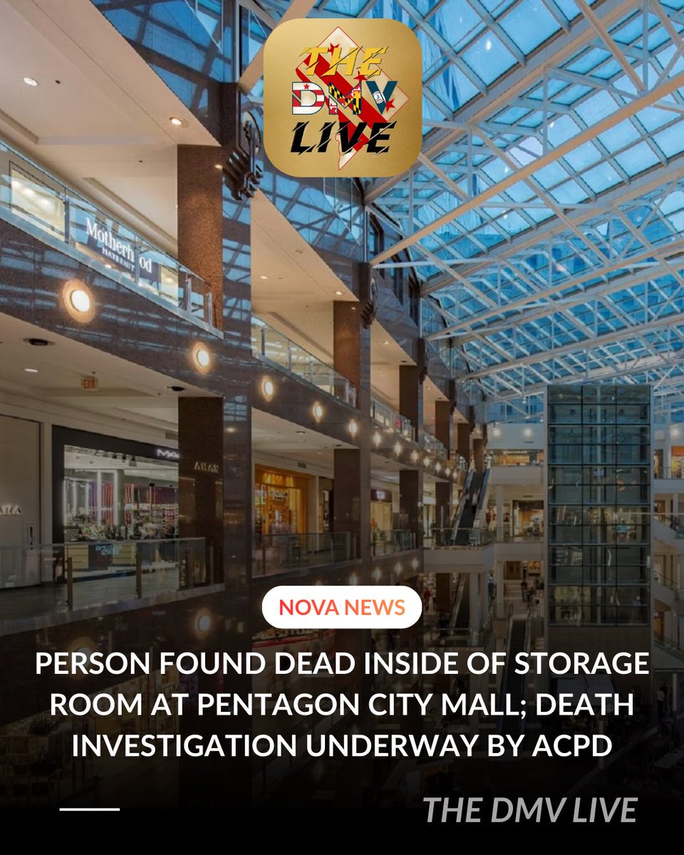 A person has just been found dead inside of a storage room of the Pentagon City Mall in Arlington, Virginia.🚨

The storage room is located on the third floor of the mall at the Champs Sports. Arlington County Police will be conducting a death investigation. 

First responders