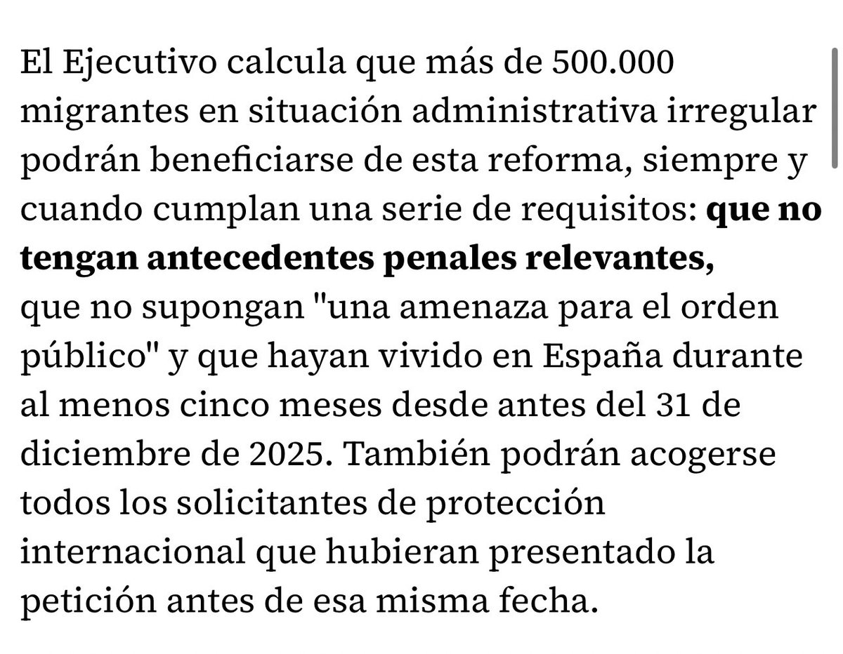 Respecto a la regularización masiva, ¿alguien me explica qué son “antecedentes penales relevantes”? ¿Se va a regularizar a gente con condenas penales aunque, subjetivamente, no sean relevantes?
Qué puto escándalo.