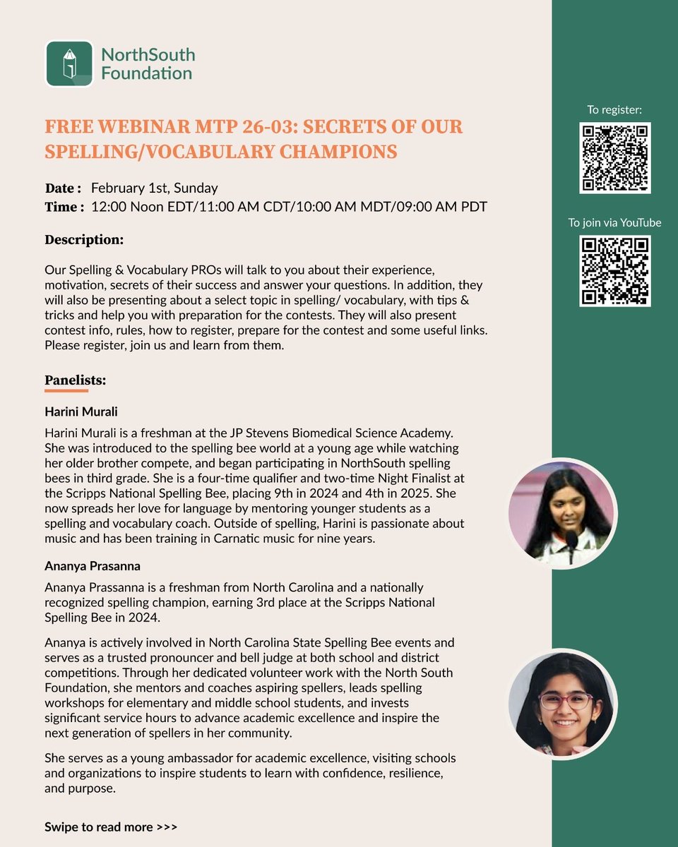 NSFBee's tweet photo. 🏆 FREE WEBINAR 

🔗 Register here: https://t.co/NufM5fdAy8

Learn winning strategies straight from Scripps National Spelling Bee finalists

Feb 1st , 2026
⏰ 12 PM EDT | 11 AM CDT | 10 AM MDT | 9 AM PDT
📍 Online | FREE

Perfect for students, parents &amp; spelling enthusiasts https://t.co/jD8Mq2mdr8