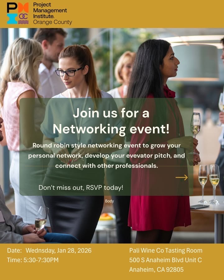 PMIOC's tweet photo. PMI-OC is excited to invite you to an in-person networking event designed to bring together project managers and professionals from across Orange County.
January 28,2026 5:30 PM 
Pali Wine Co Tasting Room
500 S Anaheim Unit C
Anaheim, CA  92805

RSVP at: https://t.co/eHJqyVyLkE https://t.co/rDA0PbAlwM