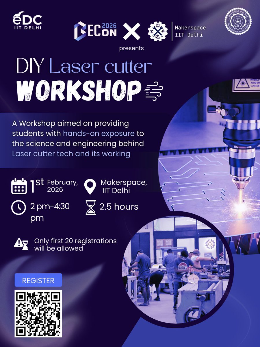 Cut, create, and build 🔥

Laser Cutter Workshop at #BECon26 in collaboration with Makerspace IIT Delhi - a hands-on dive into digital fabrication and precision cutting.

📅 1 Feb 2026 |⏰2–4:30 PM
📍 Makerspace, IIT Delhi
⚠️ Only 20 slots
#Makerspace #DigitalFabrication