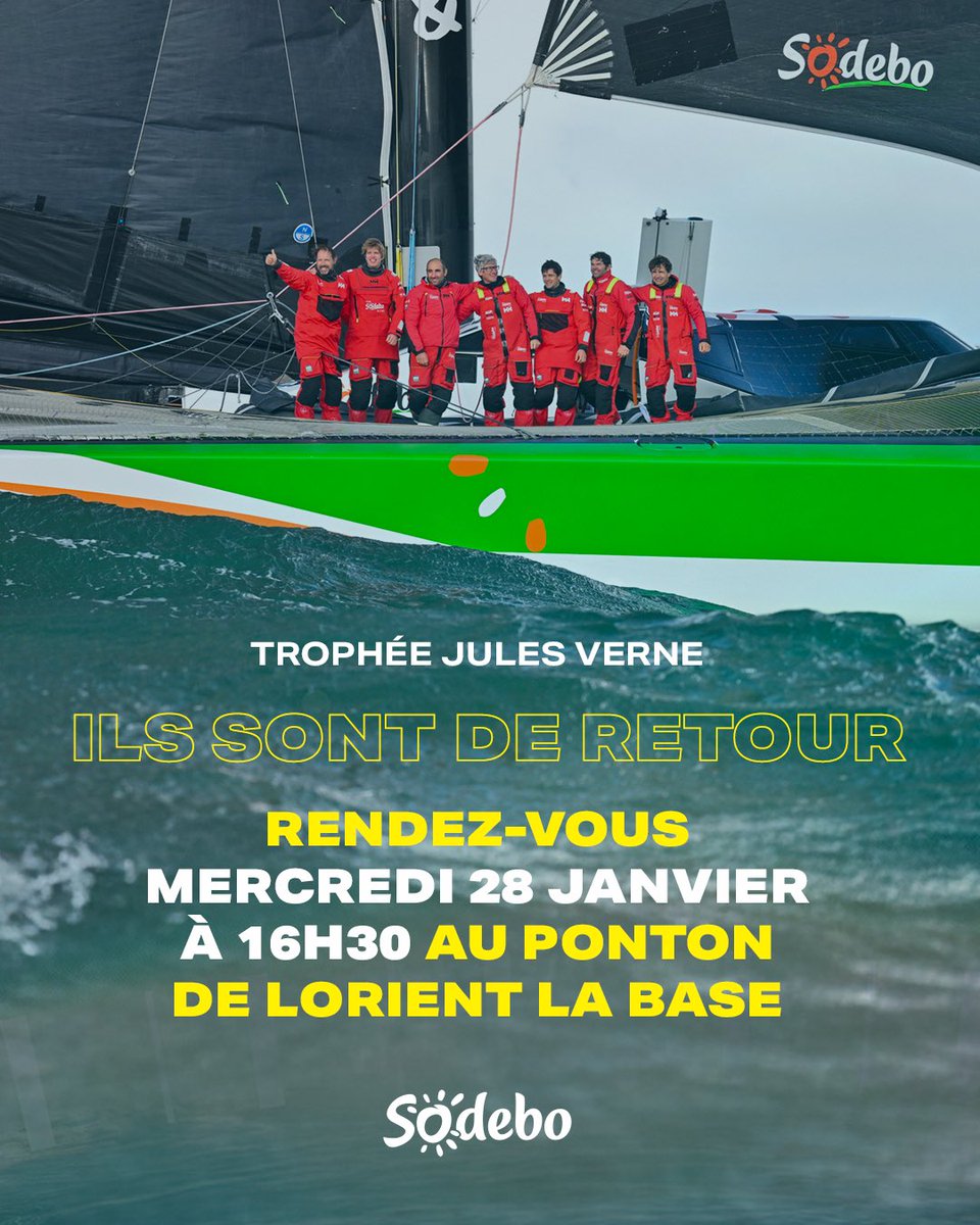Sodebo_Voile's tweet photo. SODEBO ULTIM 3 DE RETOUR À LORIENT ​ 🔜 😍

Après avoir battu le record du Trophée Jules Verne dimanche, les Sodeboys seront de retour à Lorient demain !

RDV vers 16h30 au ponton de Lorient La Base pour accueillir les 7 marins les plus rapides de la planète comme il se doit. 📍 https://t.co/geqMHi60uo