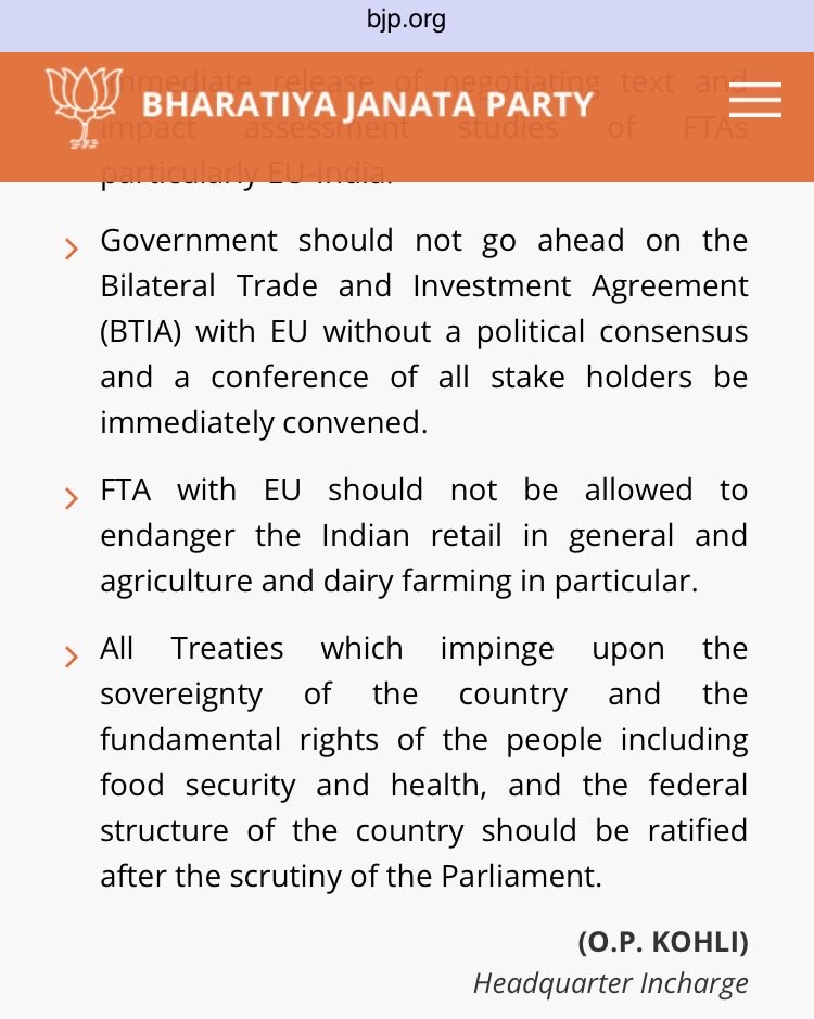 In 2013, BJP opposed India-EU FTA. Their opposition is still in their website. This derailed 12 years of trade and our prosperity.