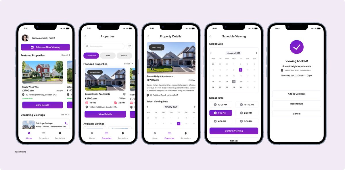 FaithChima21's tweet photo. Imagine Property viewings without Chaos

I designed the client experience to remove scheduling friction, no more back‑and‑forth,or unclear availability. 

Here, Users can
• Browse listings with real‑time slots
• Book viewings in a few taps
• Reschedule/cancel without any drama https://t.co/sEODM5tt0s