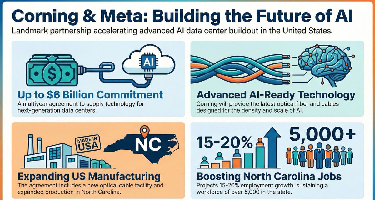 PhotonCap's tweet image. &amp;lt;Corning x Meta: up to $6 Billion Agreement to Accelerate US Data Center Buildout&amp;gt;

[ENG]
Strategic Partnership: Corning and Meta have announced a multiyear agreement worth up to $6 billion to accelerate the buildout of advanced AI data centers in the United States.

Advanced