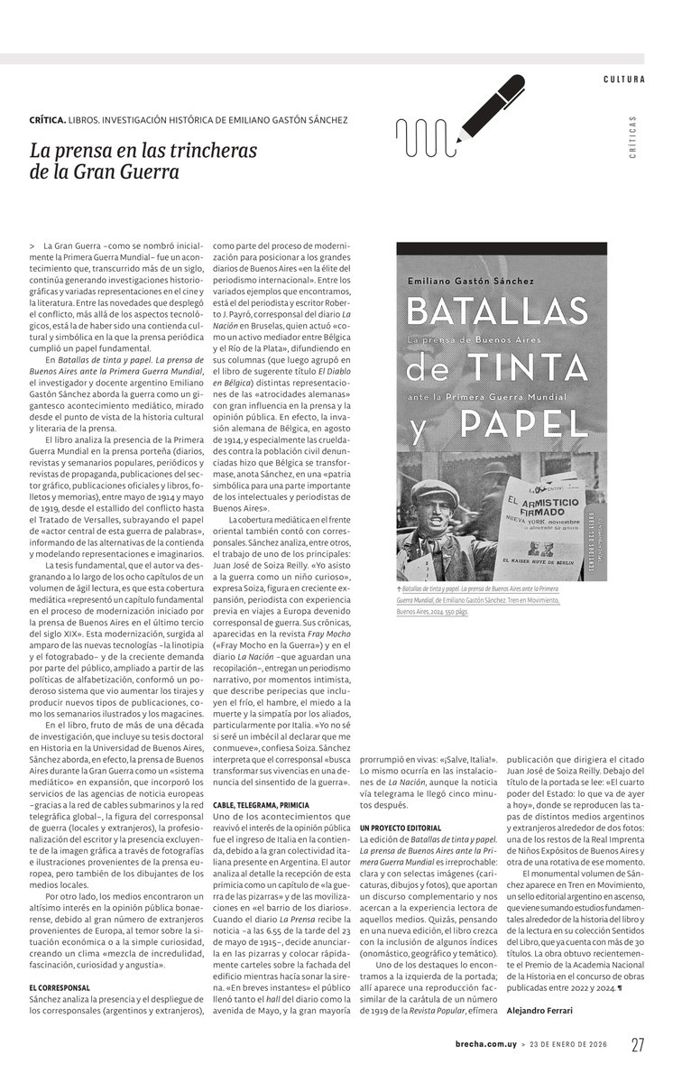 Hace unos días salió una muy linda reseña de mi libro en el mítico semanario Brecha de Montevideo. Muchas gracias a Alejandro Ferrari (<a href="/marmufla/">Alejandro Ferrari</a>) por la atenta lectura y por la difusión al otro lado del río.