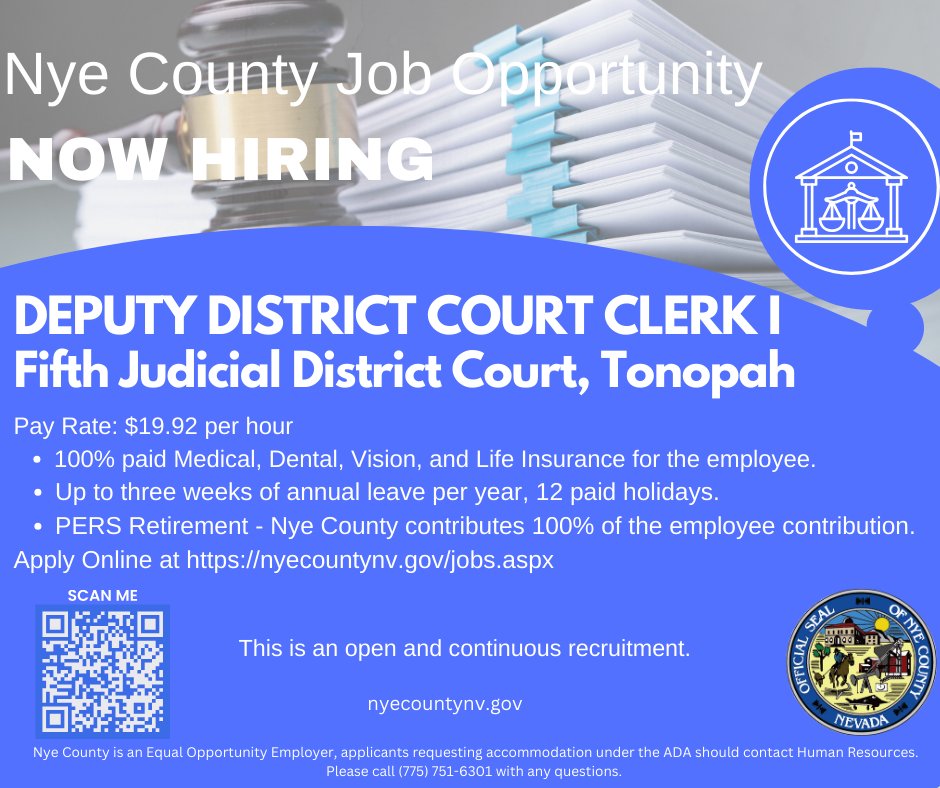 NyeCounty's tweet image. 📢 #NowHiring : Deputy District Court Clerk I, 5th Judicial District Court, Tonopah. 
Full‑time with benefits at $19.92/hr. 

Apply here: nyecountynv.gov/jobs.aspx?jobI…. 
Entry‑level role providing administrative, technical, and courtroom support.
#TonopahJobs #NyeCountyJobs
