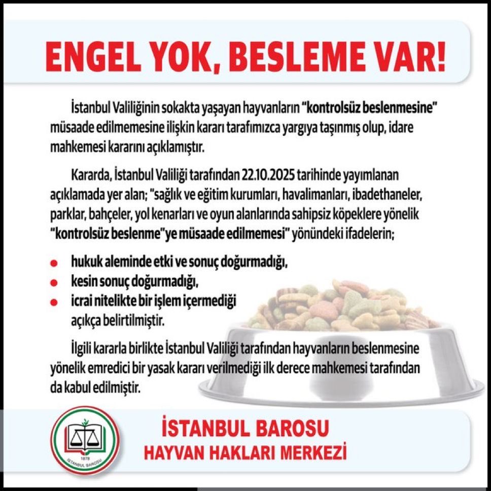 haydarozkan06's tweet image. “ENGEL YOK, BESLEME VAR!”
 
İstanbul Valiliğinin sokakta yaşayan hayvanların “kontrolsüz beslenmesine" müsaade edilmemesine ilişkin kararı @istbarohhaklari tarafınca yargıya taşınmış olup, idare mahkemesi kararını açıklamıştır.

#BeslemeYasaklanamaz

@istbarohhaklari Teşekkürler.