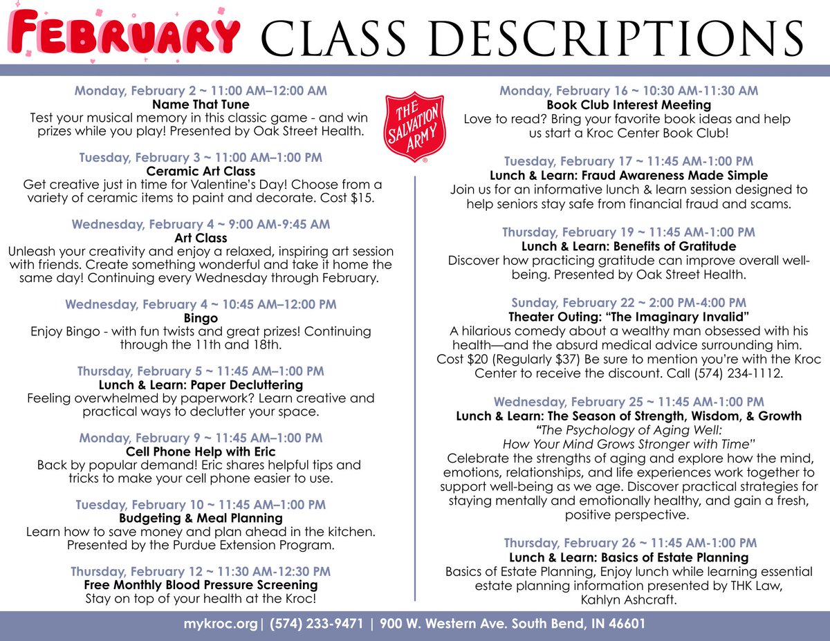 Check out our Active Ages February schedule, along with course descriptions, below! We've got lots of classes geared towards our senior members and guests coming next month 👀

Learn more: krocsouthbend.clubautomation.com/calendar/progr…