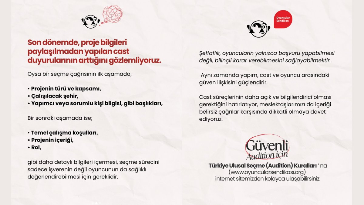 🎭 Zorlu PSM ilanıyla başlayan audition tartışması büyüyor: Oyuncular Sendikası kuralları hatırlattı

💬"Son dönemde, proje bilgileri paylaşılmadan yapılan cast duyurularının arttığını gözlemliyoruz. Cast süreçlerinin daha açık ve bilgilendirici olması gerektiğini hatırlatıyor,