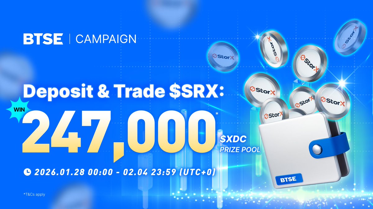 🎯 Deposit &amp; Trade $SRX is LIVE on #BTSE

Share a massive 247,000 $XDC prize pool by joining the $SRX campaign 👇

Deposit $SRX with rewards for new users
Trade $SRX spot to earn more
Total rewards pool of 247,000 $XDC

📅 Jan 28 to Feb 4, 2026 (UTC+0)

👉 Join now: