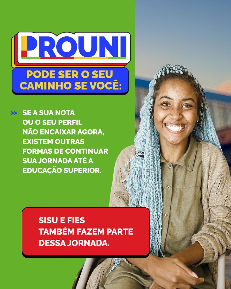 min_educacao's tweet image. 🤔 Será que o #Prouni é o melhor caminho pra você?
Com o Prouni, você pode disputar bolsas integrais ou parciais em faculdades privadas usando sua nota do Enem. E, se não der agora, Sisu e Fies também fazem parte dessa jornada.

📅 Inscrições até 29/1
🌐 acessounico.mec.gov.br