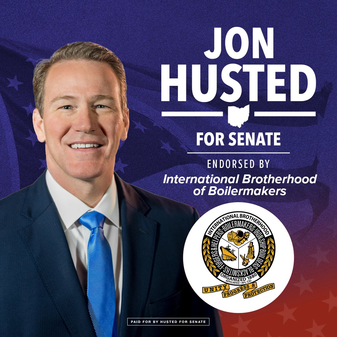 🚨New labor endorsement in Ohio:

The Boilermakers are endorsing <a href="/JonHusted/">Jon Husted</a> for the U.S. Senate, citing his support for skilled trades, apprenticeships, domestic energy, and strong wages for Ohio workers. 

#OHSen | <a href="/boilermakernews/">Boilermakers Union</a>